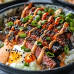 Korean BBQ Steak Rice Bowls with Spicy Cream Sauce
