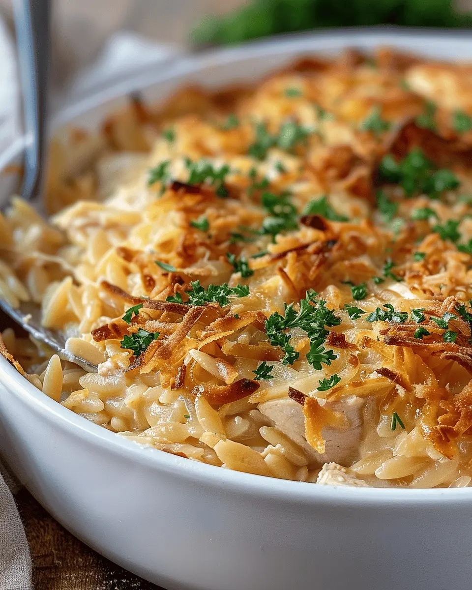 French Onion Chicken Orzo Casserole with Turkey Bacon Delight