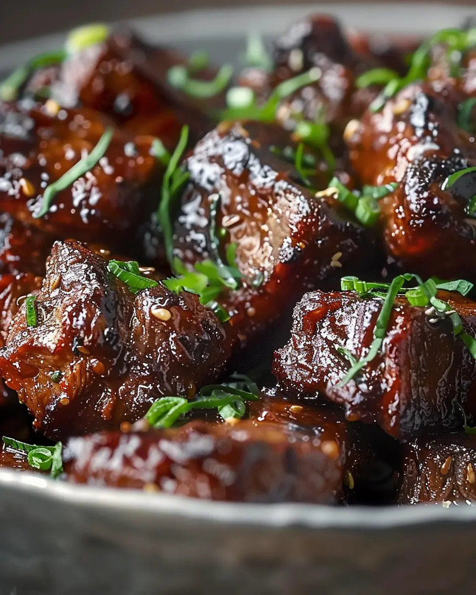 Sweet and Sticky Steak Bites with Turkey Bacon and Tangy Glaze