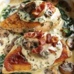 Smothered Chicken with Creamed Spinach, Bacon, and Mushrooms