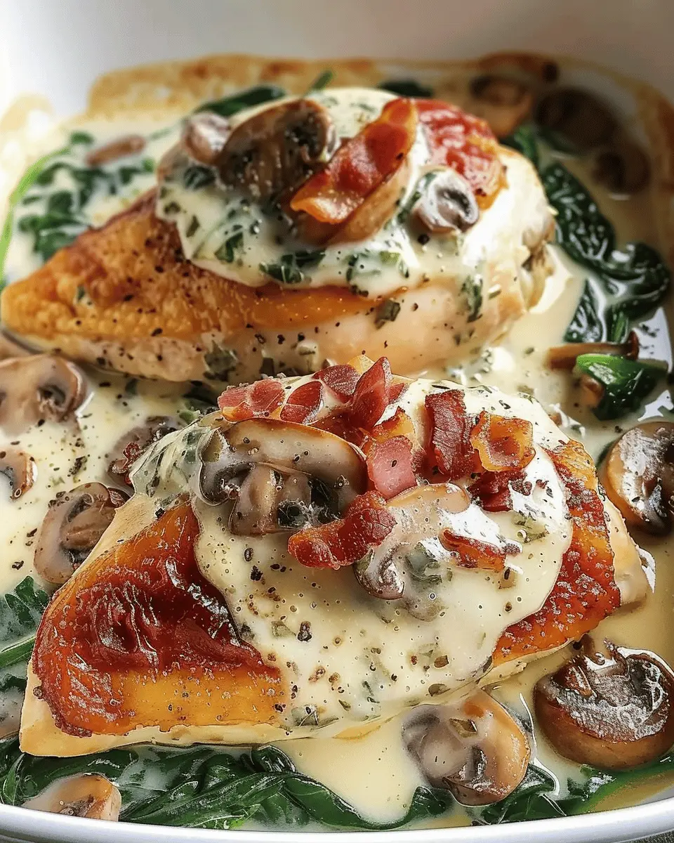 Smothered Chicken with Creamed Spinach, Turkey Bacon, and Mushrooms: A Comforting Delight