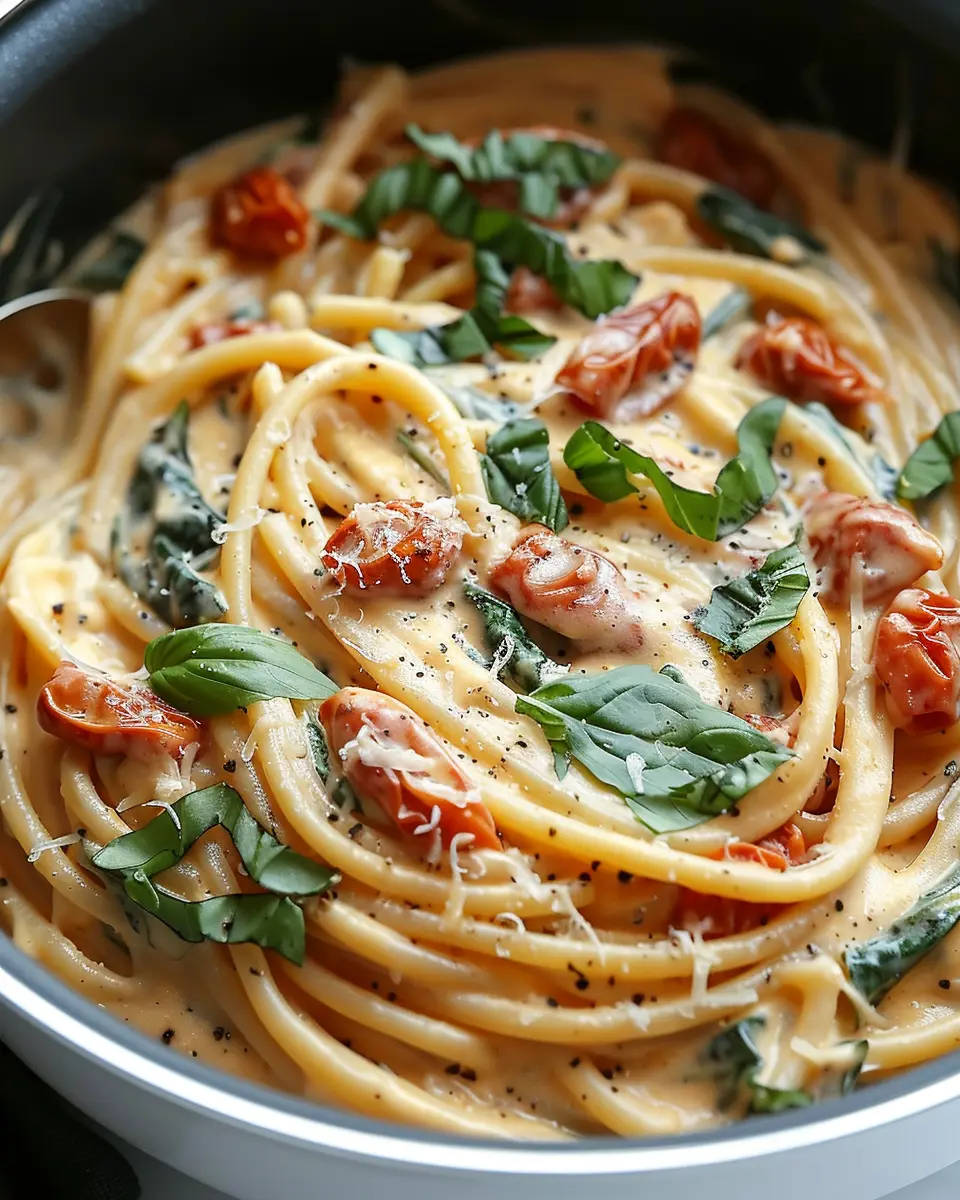 Slow Cooker Creamy Tuscan Pasta with Turkey Bacon and Spinach