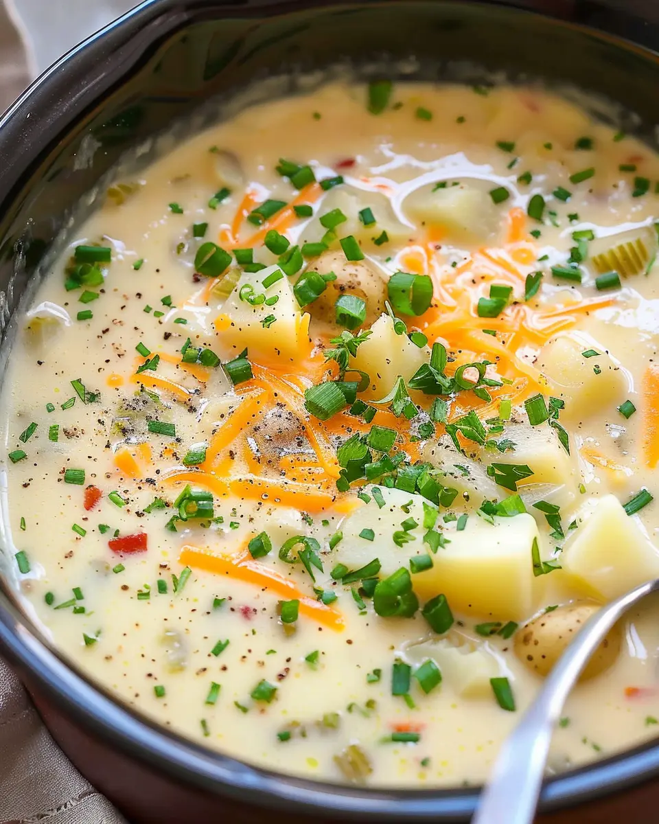 Easy Crockpot Potato Soup Recipe with Turkey Bacon and Chicken Ham