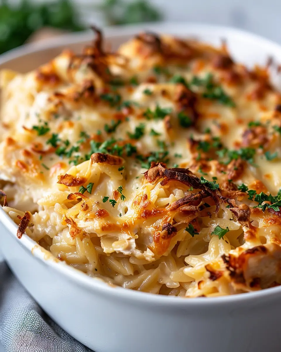 French Onion Chicken Orzo Casserole with Turkey Bacon Delight