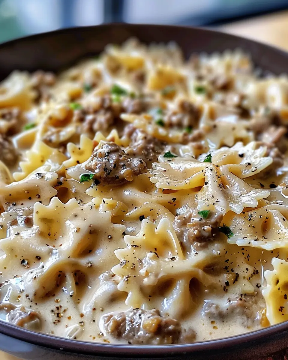 Creamy Parmesan Garlic Beef Bowtie Pasta with Turkey Bacon Twist