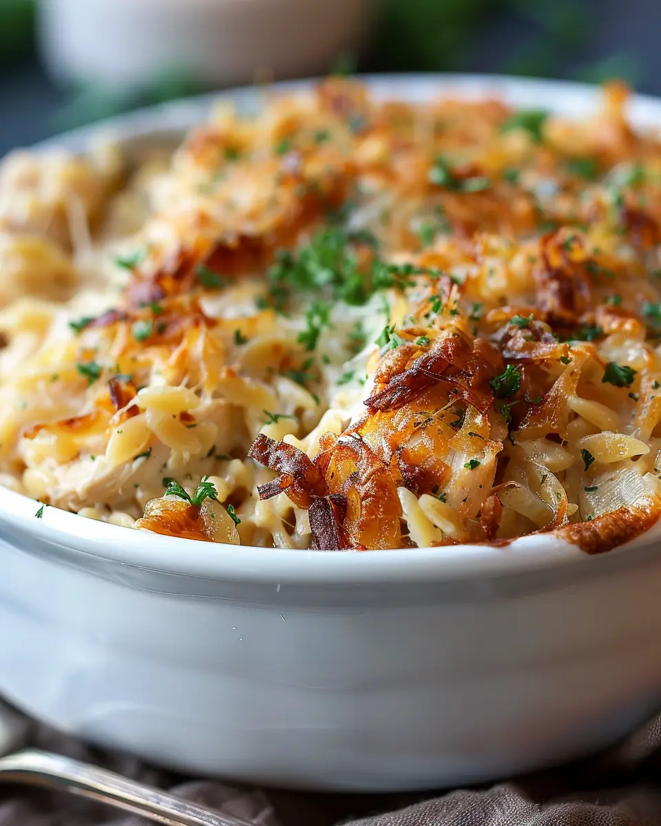 French Onion Chicken Orzo Casserole with Turkey Bacon Delight
