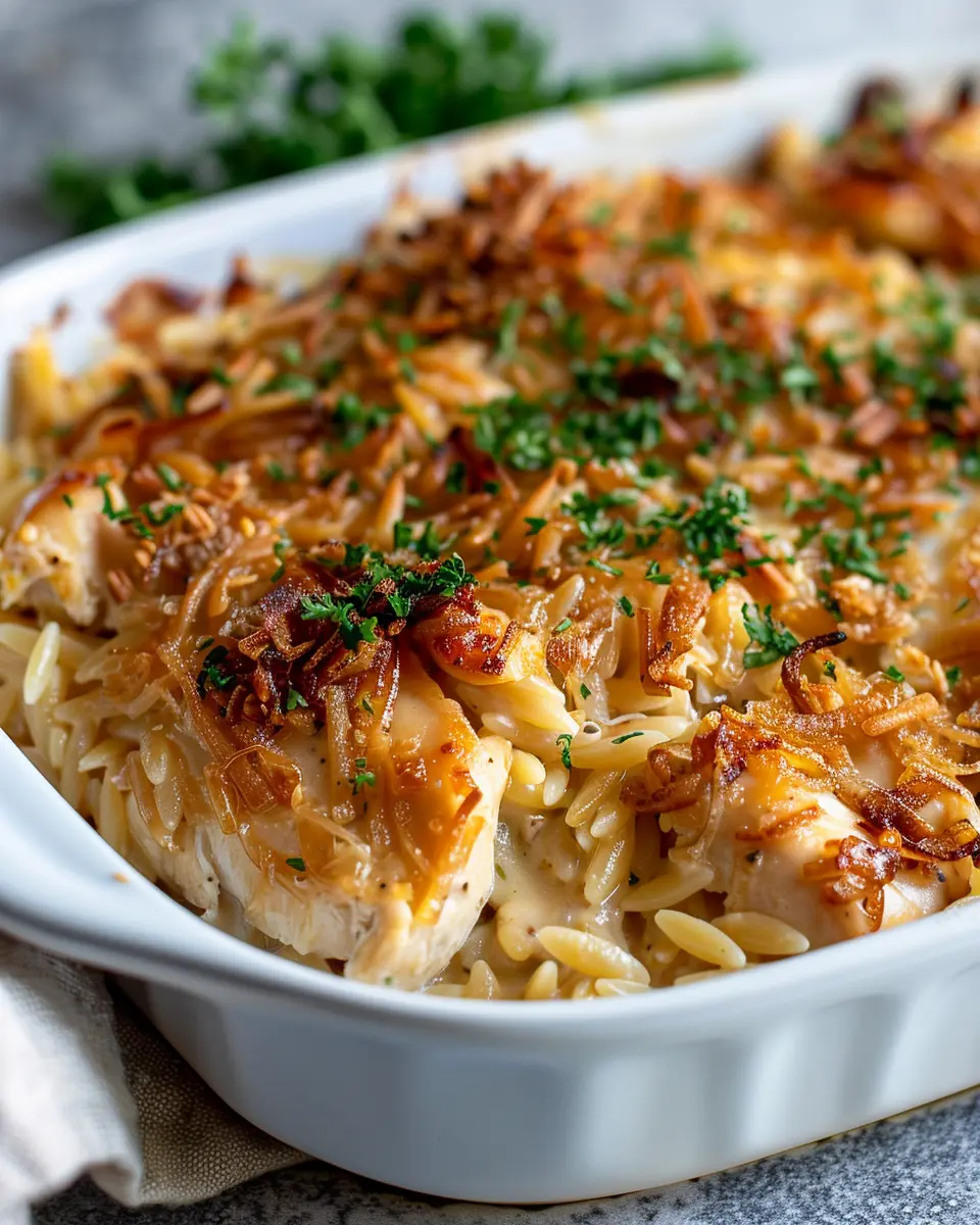 French Onion Chicken Orzo Casserole with Turkey Bacon Delight