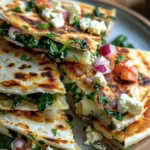 Mediterranean Quesadillas with Spinach, Feta, Mozzarella, and Red Onion